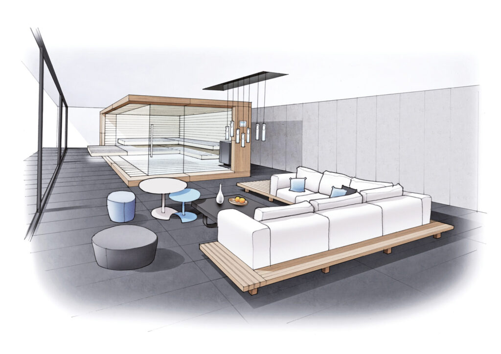 Corso Sauna Visualisierung mit Couch