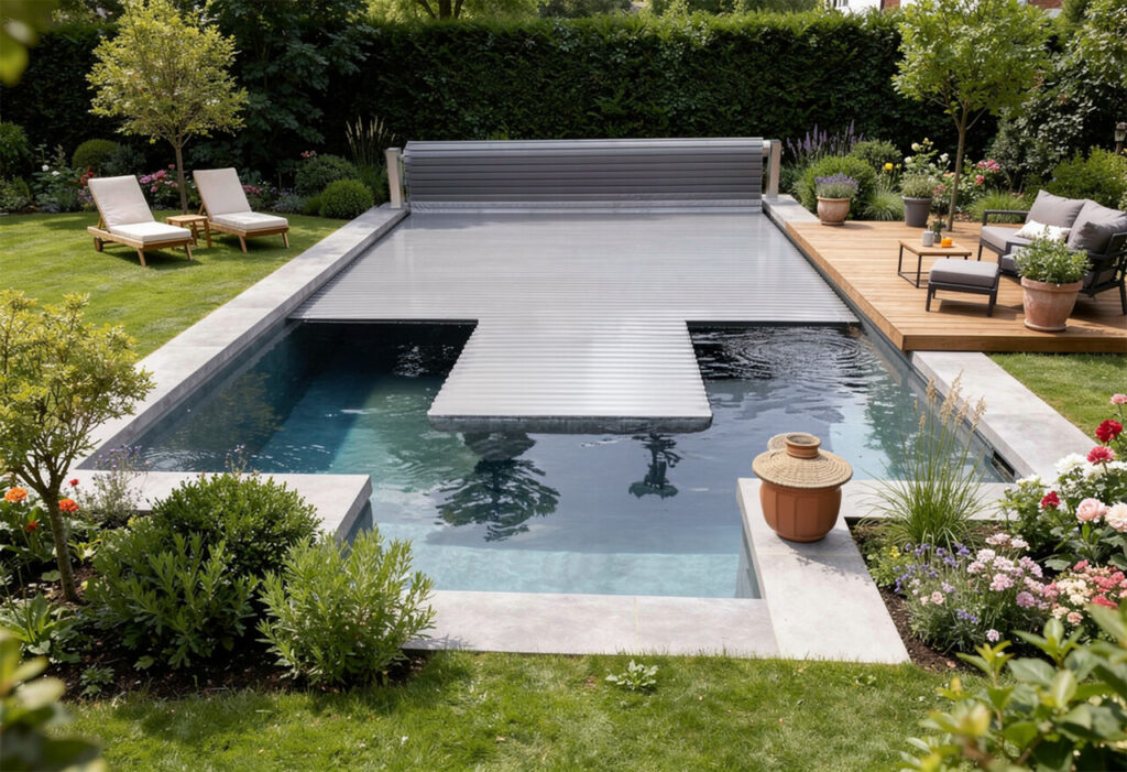 WaterBeck halb abgedeckter Pool mit Lamellen in Garten mit Veranda