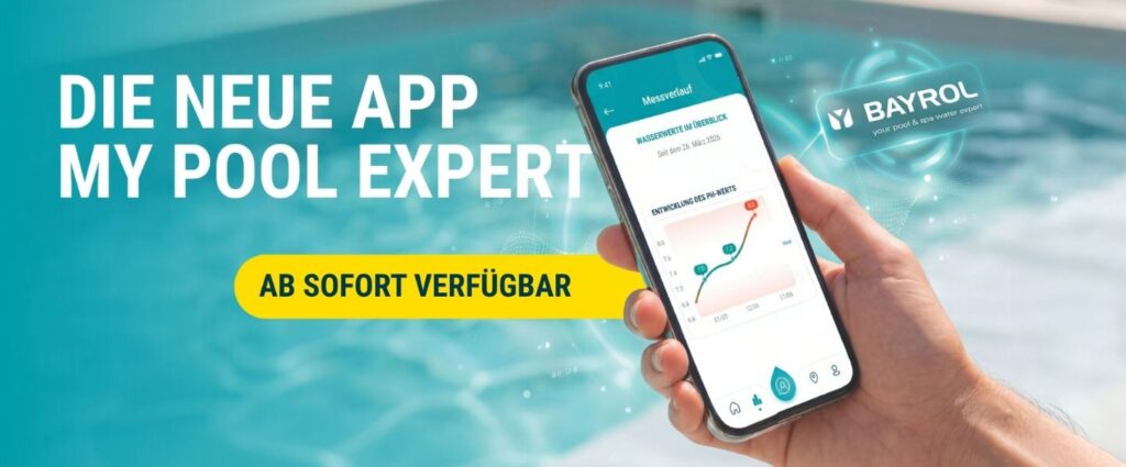 Poolwasser und Smartphone mit App zur Poolpflege Header-My-Pool-Expert-BAYROL
