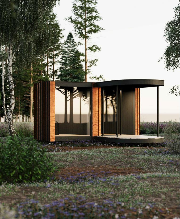 Ein Sauna aus Holz und schwarzen Elementen steht in der Natur.