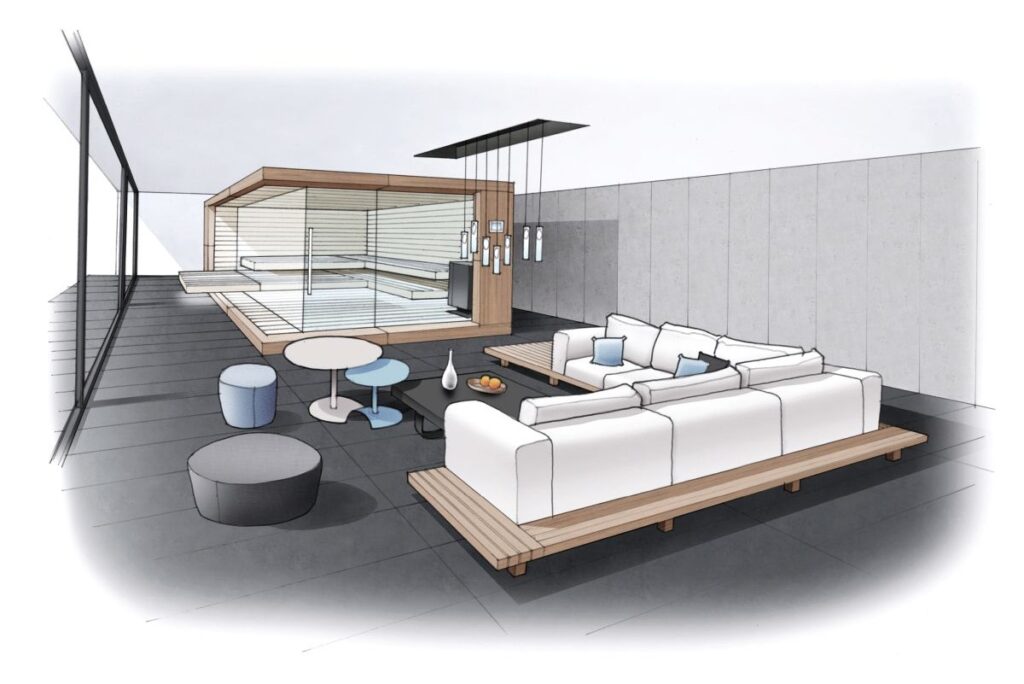 corso sauna skizze von Wohnzimmer mit Sauna und Sofa