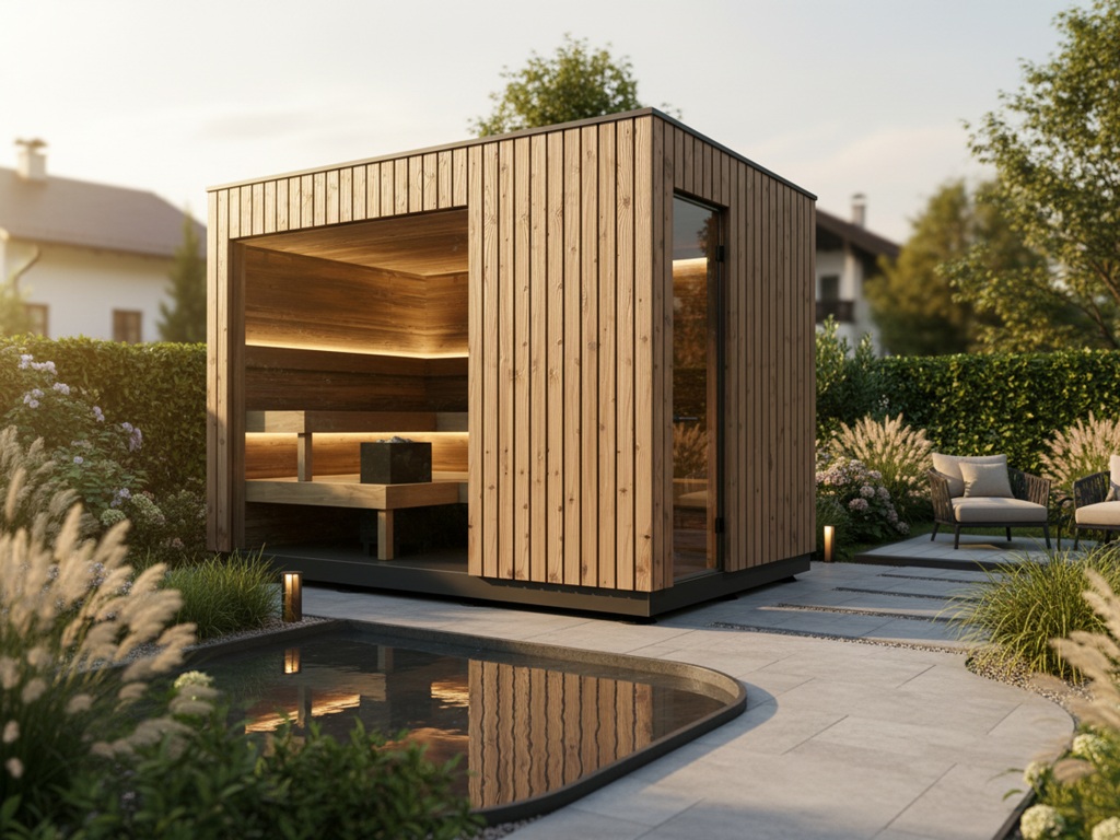 Eine Außensauna mit Holzfassade.