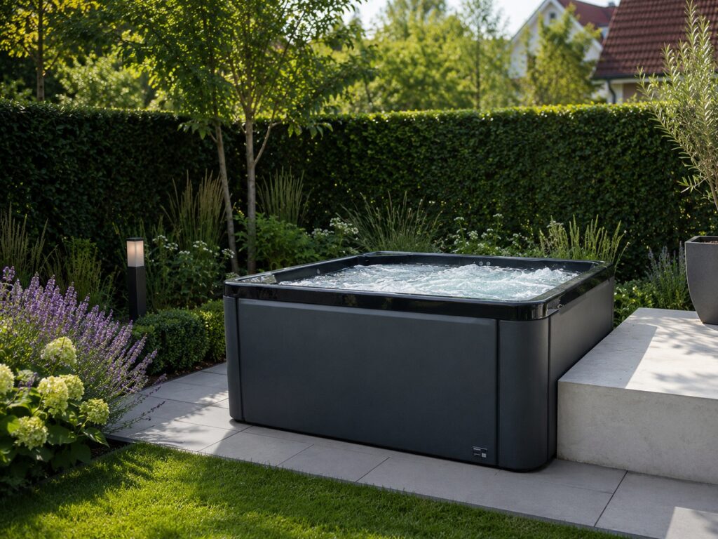 Ein Whirlpool umgeben von Pflanzen.
